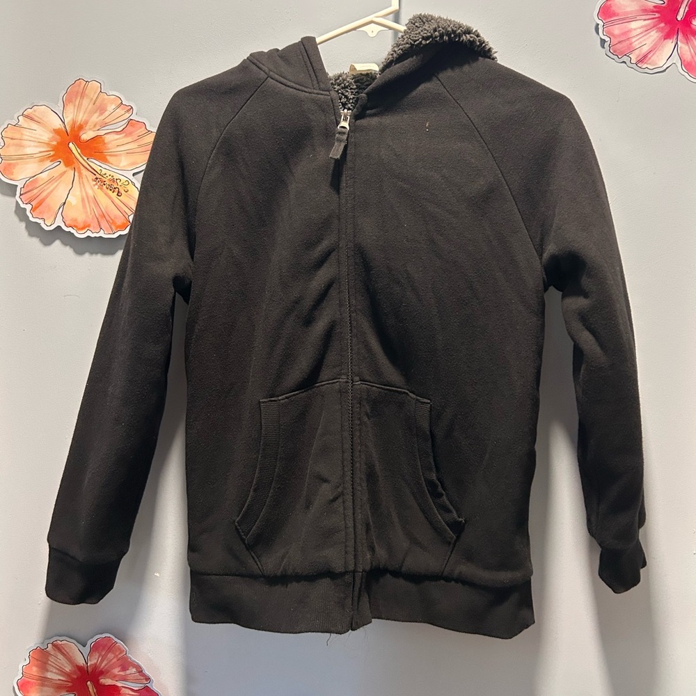 Black Zip-Up Hoodie Sweatshirt with Ribbed Cuffs